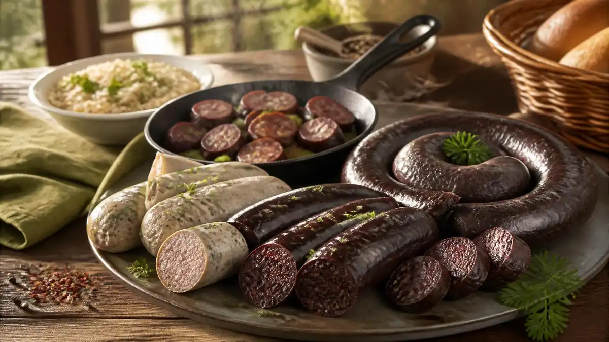 Assortiment de boudin noir et blanc présenté sur un plat avec des rondelles poêlées et un accompagnement de riz