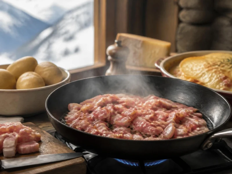 Des dés de lardon cuisent dans une poêle fumante près d'un bol de pommes de terre avec un plat gratiné en arrière-plan