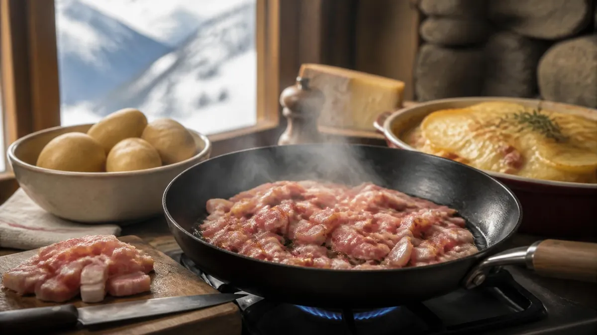 Des dés de lardon cuisent dans une poêle fumante près d'un bol de pommes de terre avec un plat gratiné en arrière-plan