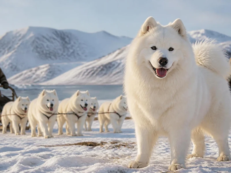 Un chien samoyède au premier plan devant un attelage dans un paysage enneigé avec une tente traditionnelle