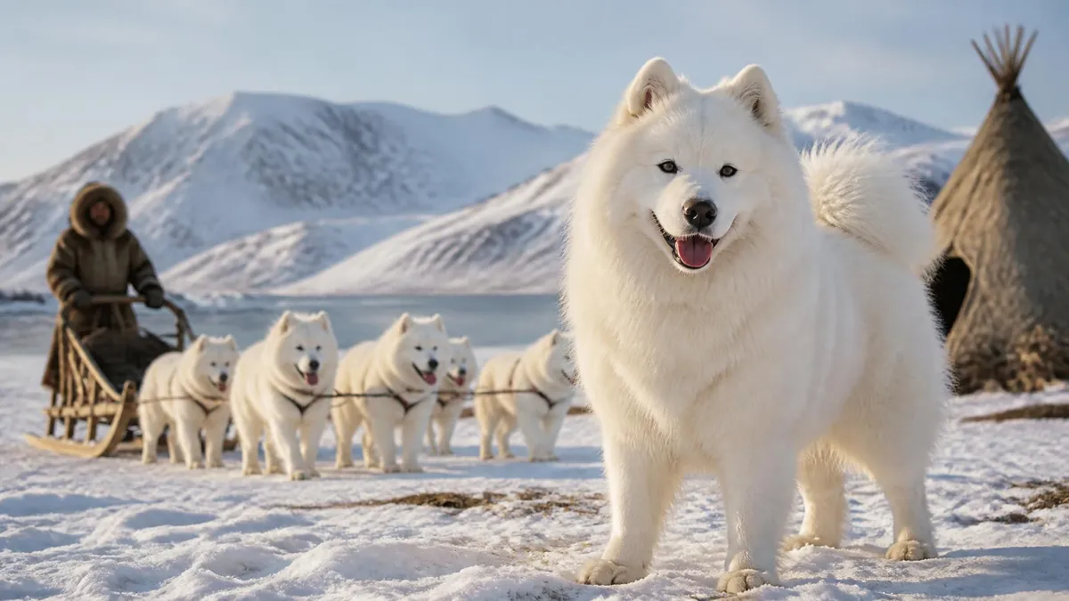 Un chien samoyède au premier plan devant un attelage dans un paysage enneigé avec une tente traditionnelle