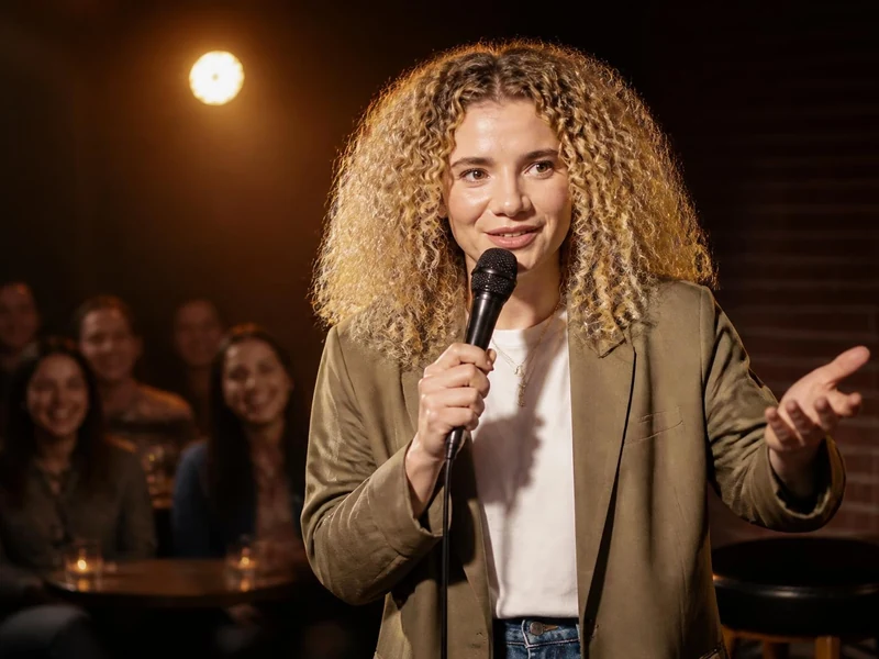 Lilia Benchabane sur scène, un micro à la main, s'adressant à son public lors d'un spectacle d'humour