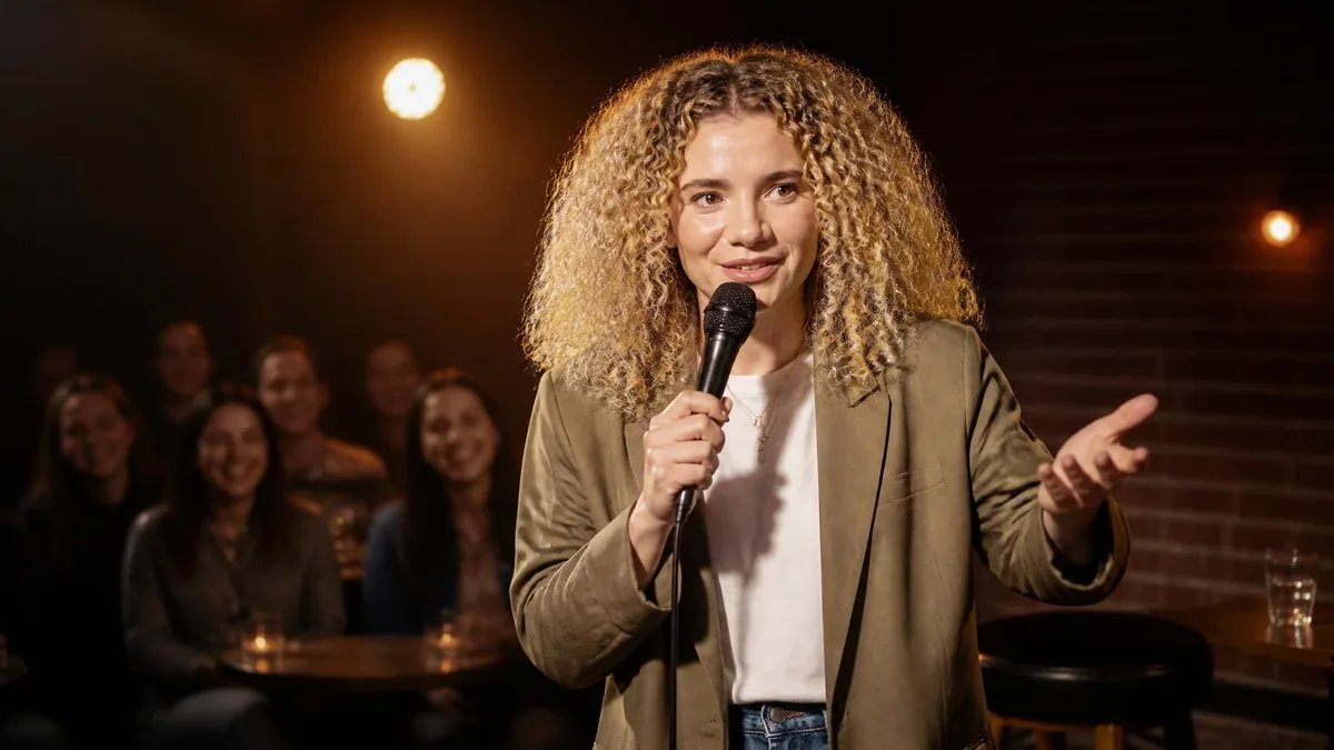 Lilia Benchabane sur scène, un micro à la main, s'adressant à son public lors d'un spectacle d'humour