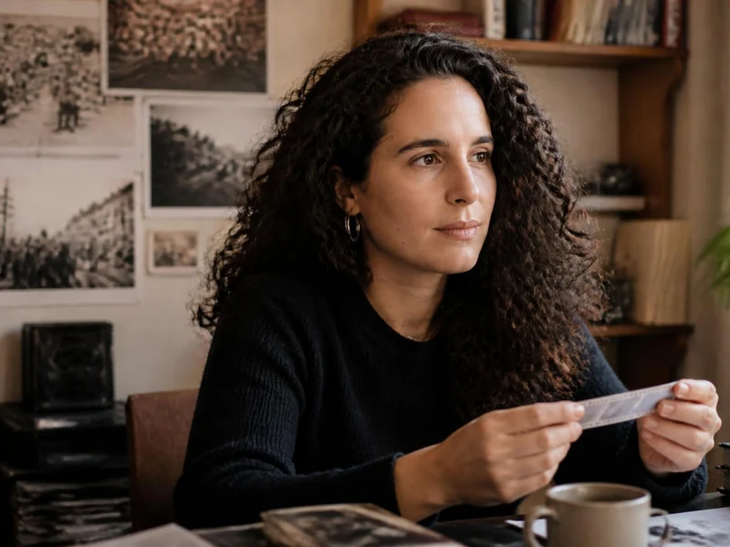 La réalisatrice Lina Soualem assise à son bureau, tenant une photographie dans un environnement rempli de souvenirs familiaux