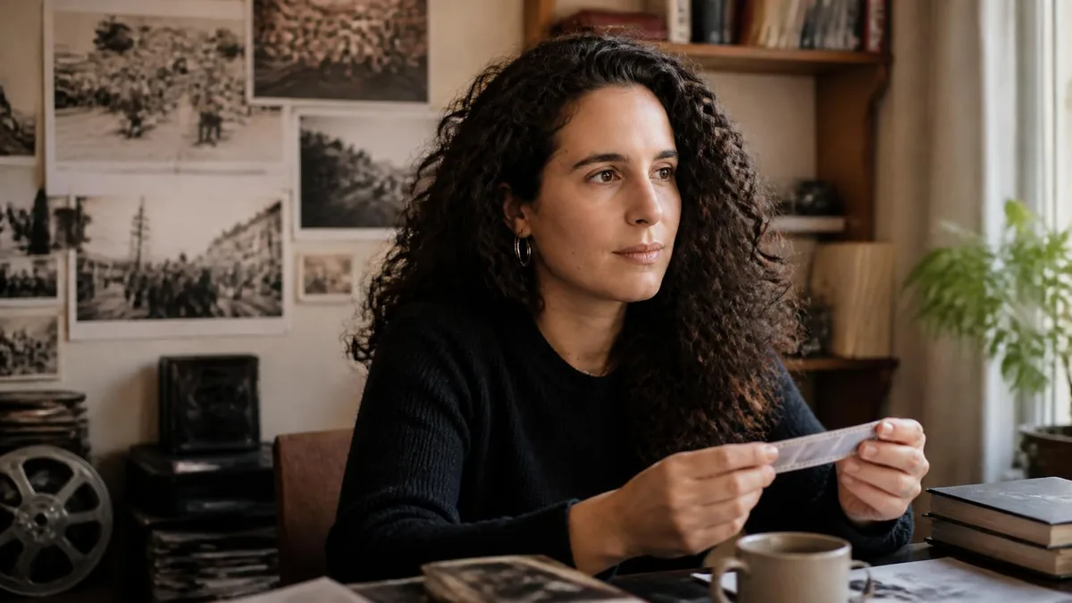 La réalisatrice Lina Soualem assise à son bureau, tenant une photographie dans un environnement rempli de souvenirs familiaux