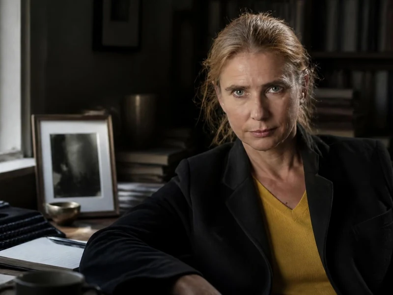 Portrait de Lionel Shriver assise à son bureau avec une machine à écrire dans un environnement sombre et studieux