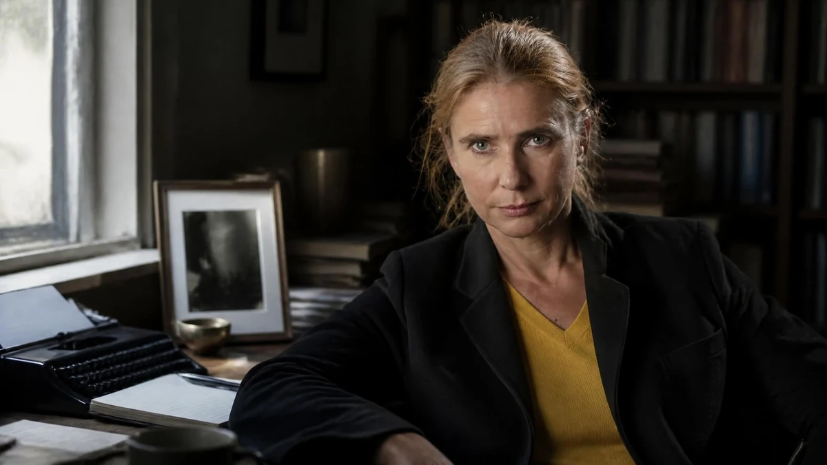 Portrait de Lionel Shriver assise à son bureau avec une machine à écrire dans un environnement sombre et studieux