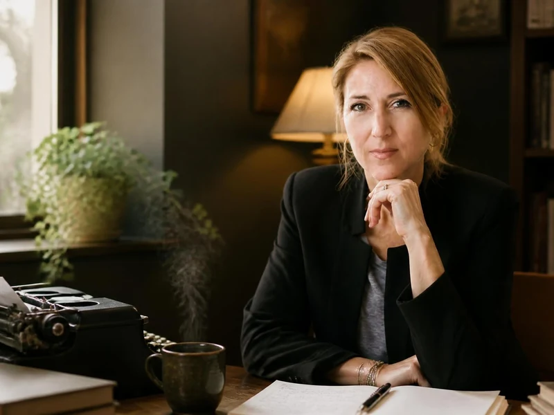 Portrait de l'écrivaine Lisa Jewell posant à son bureau avec une machine à écrire et des livres en arrière-plan