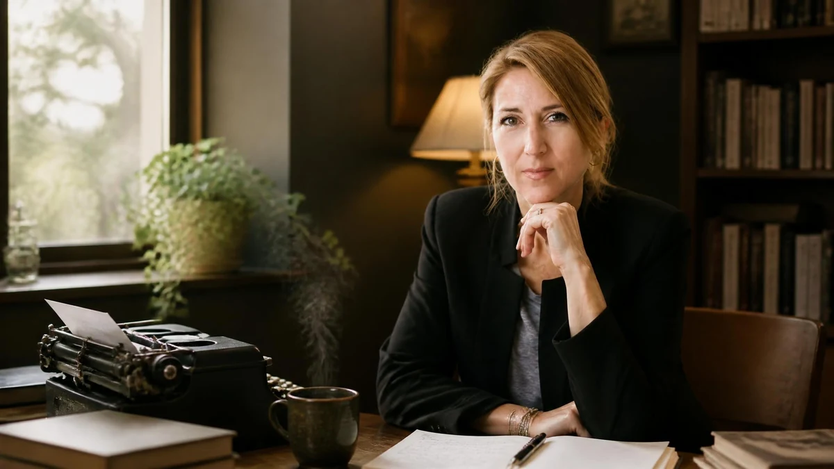 Portrait de l'écrivaine Lisa Jewell posant à son bureau avec une machine à écrire et des livres en arrière-plan