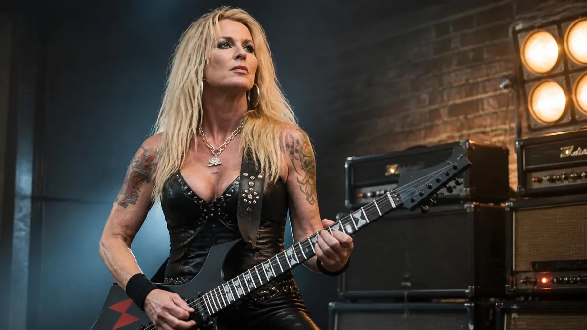 Lita Ford pose avec sa guitare électrique devant des amplificateurs sur scène