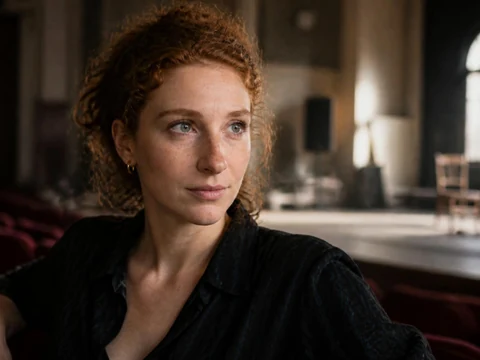 Portrait de l'actrice Lola Naymark assise dans une salle de théâtre vide et lumineuse