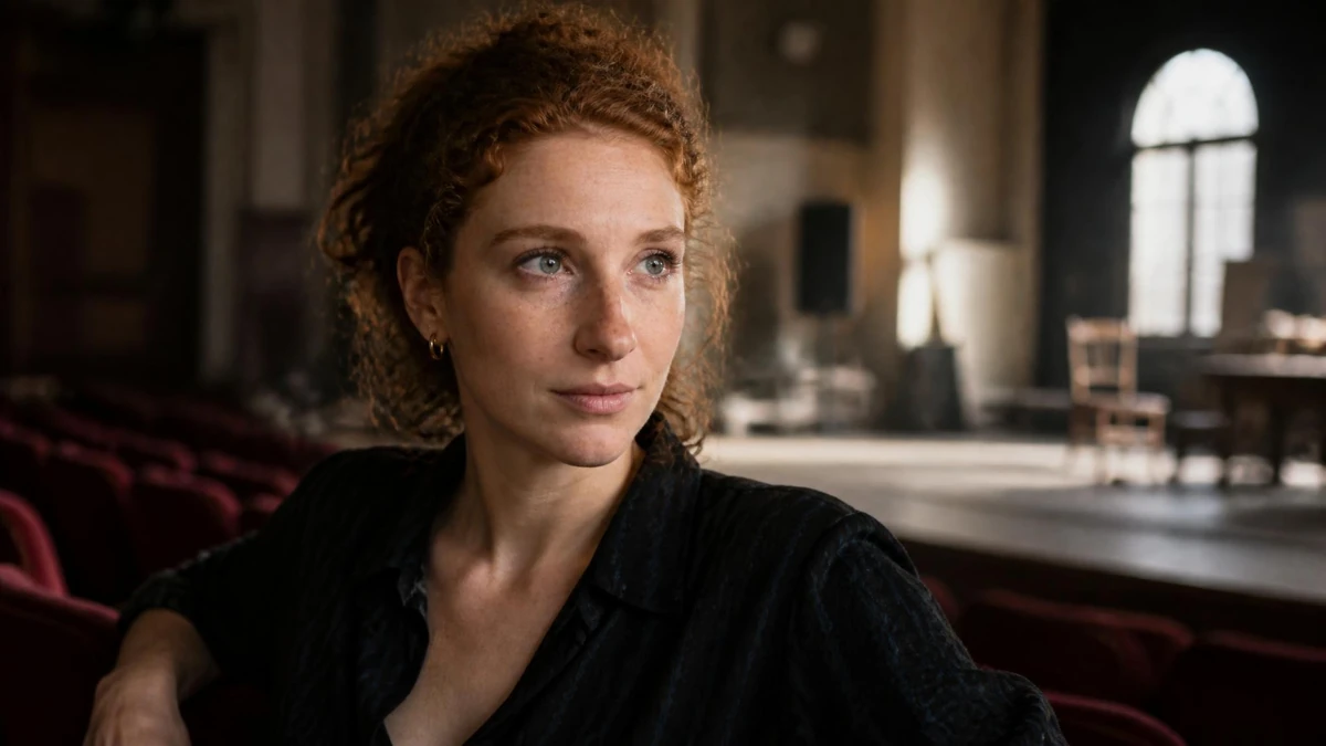 Portrait de l'actrice Lola Naymark assise dans une salle de théâtre vide et lumineuse