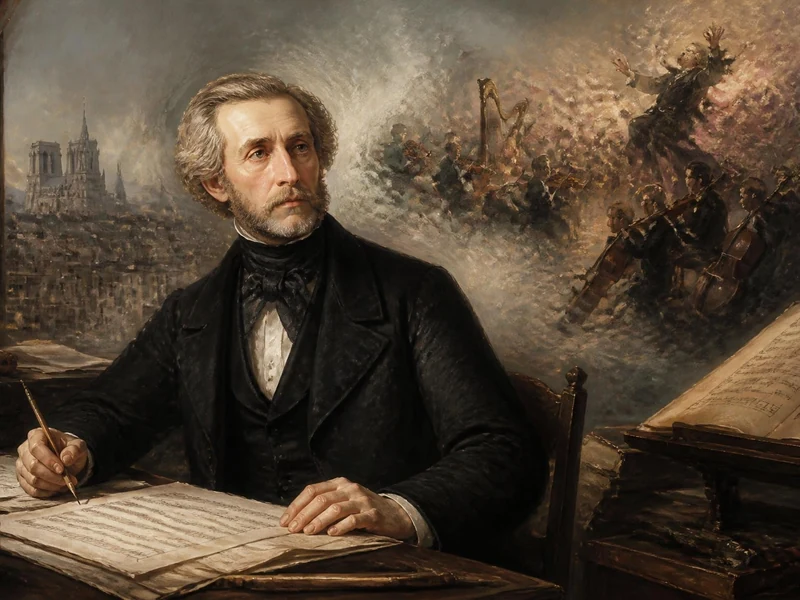 Portrait peint de Louis Berlioz écrivant une partition avec une vision onirique d'orchestre en arrière-plan