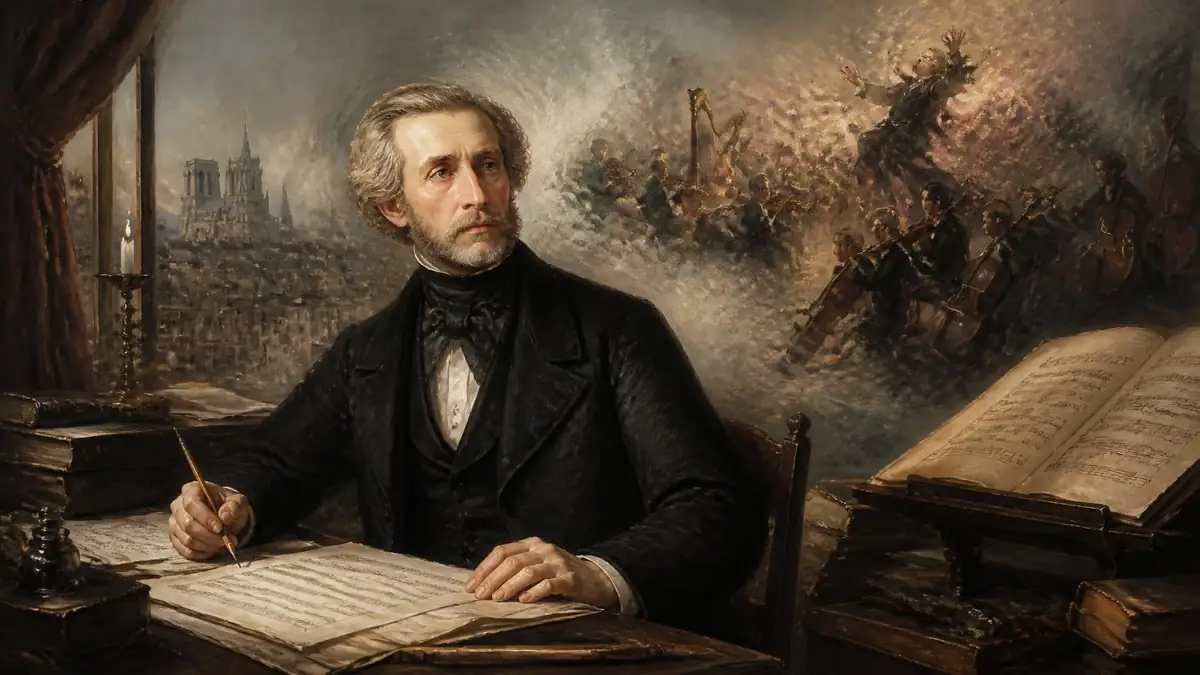 Portrait peint de Louis Berlioz écrivant une partition avec une vision onirique d'orchestre en arrière-plan