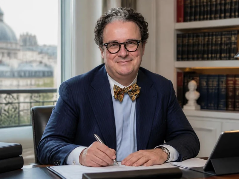 Portrait souriant de Louis Degos assis à son bureau devant une bibliothèque et une fenêtre donnant sur Paris