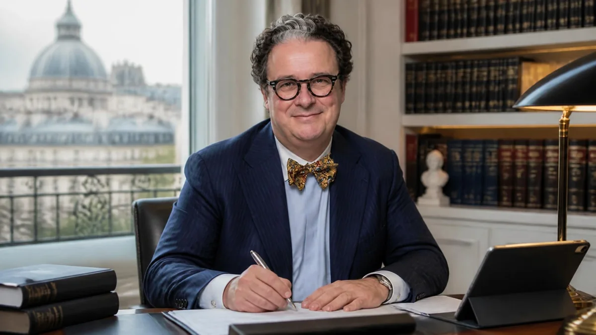 Portrait souriant de Louis Degos assis à son bureau devant une bibliothèque et une fenêtre donnant sur Paris