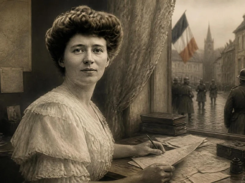 Portrait sépia de Louise de Bettignies écrivant à son bureau avec des soldats en arrière-plan