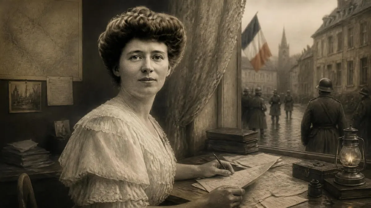Portrait sépia de Louise de Bettignies écrivant à son bureau avec des soldats en arrière-plan
