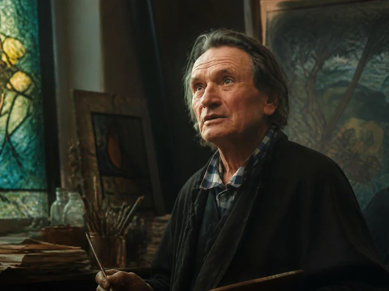 L'artiste Luc Simon dans son atelier entouré de ses peintures et de vitraux colorés