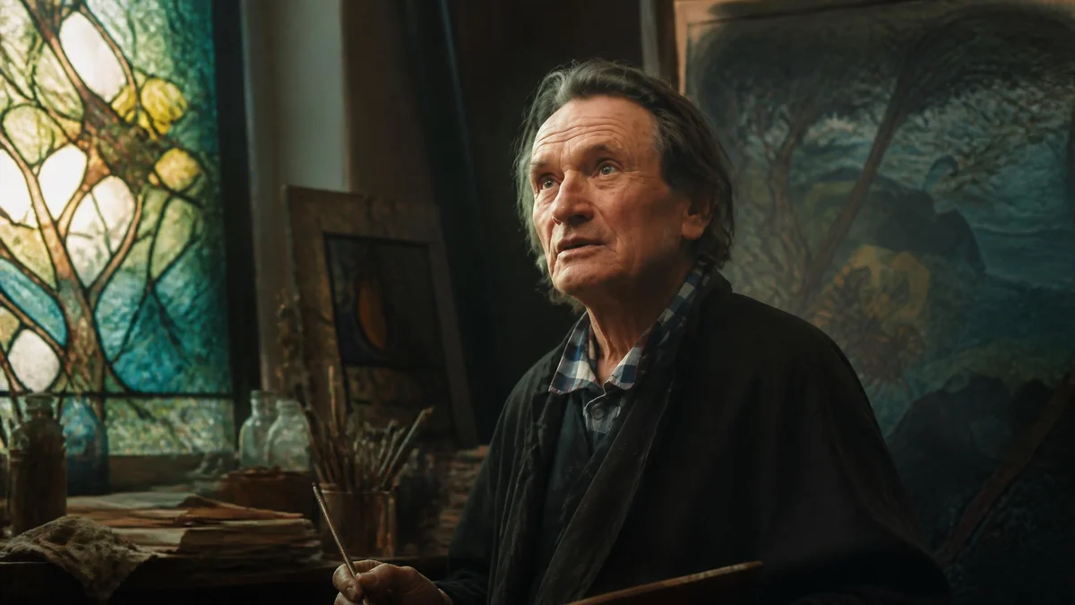 L'artiste Luc Simon dans son atelier entouré de ses peintures et de vitraux colorés