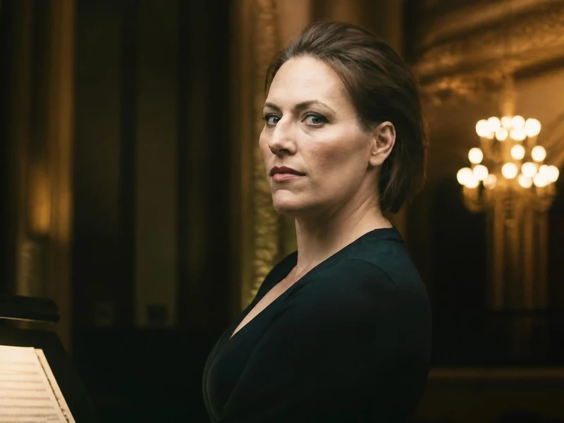 Portrait de la mezzo-soprano Lucile Richardot posant dans une salle de concert élégante