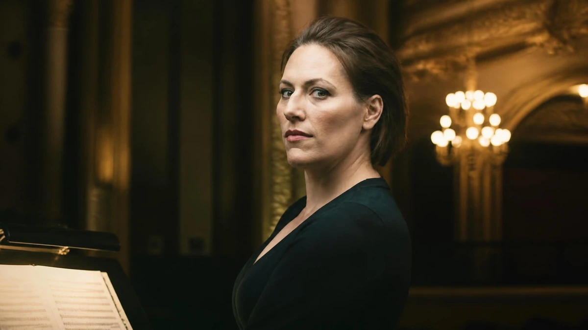 Portrait de la mezzo-soprano Lucile Richardot posant dans une salle de concert élégante
