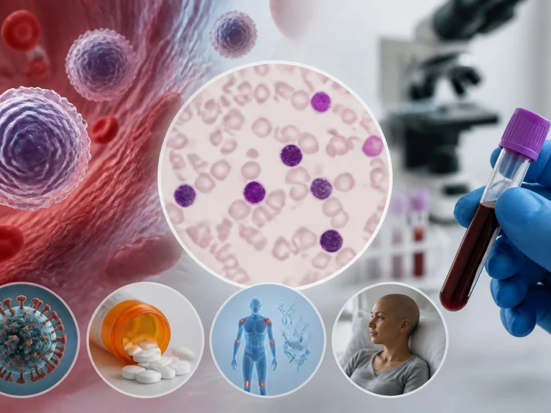Illustration médicale montrant des cellules sanguines et un tube de prélèvement pour diagnostiquer un lymphocyte bas