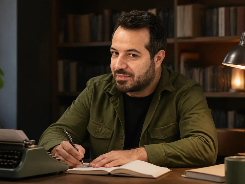 L'écrivain Mahir Guven est assis à son bureau en train d'écrire dans un carnet devant une machine à écrire vintage