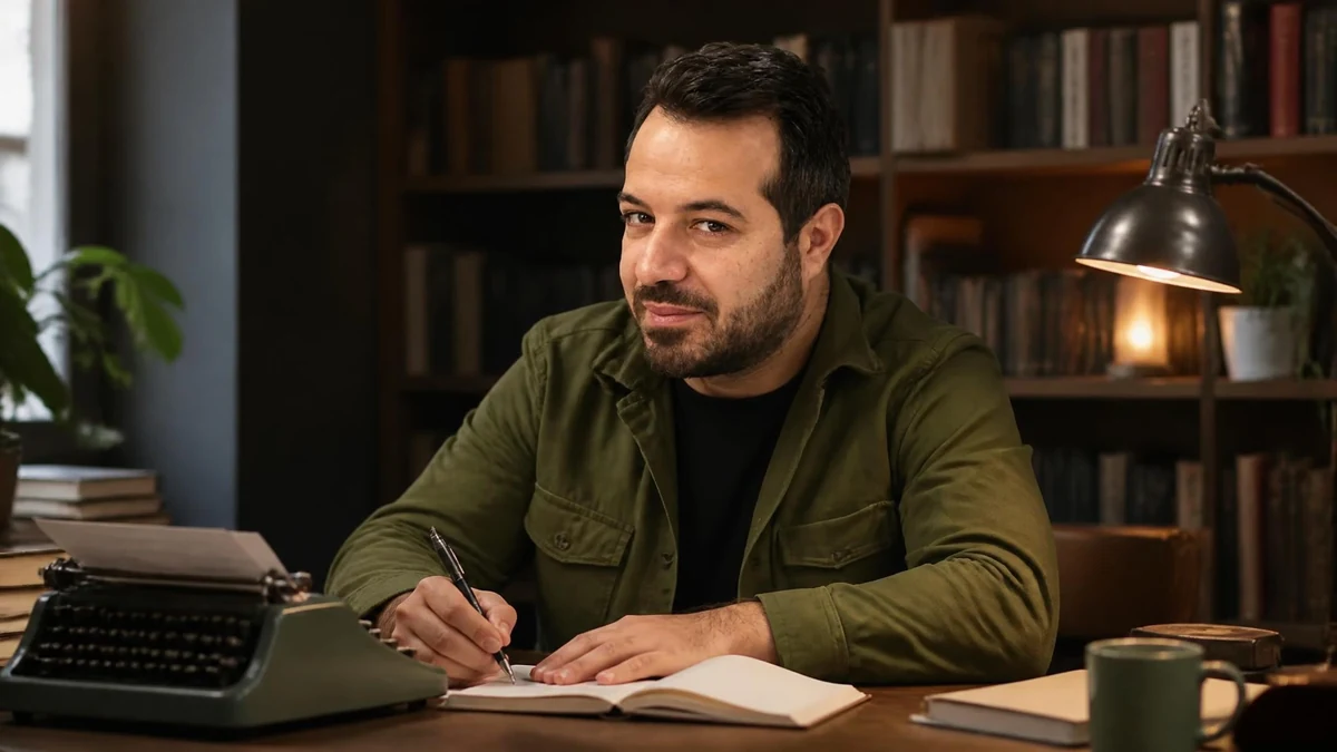 L'écrivain Mahir Guven est assis à son bureau en train d'écrire dans un carnet devant une machine à écrire vintage
