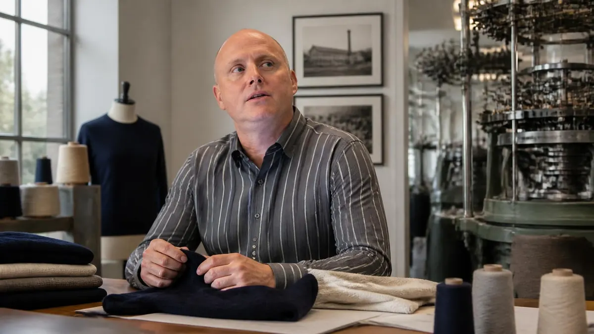 Un expert examine des pièces de maille dans l'atelier historique de la maison John Smedley