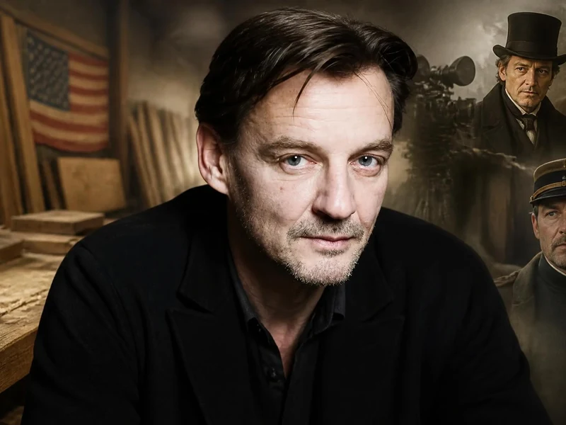 Portrait de l'acteur Marc Barbé devant un atelier avec des images de ses rôles en arrière-plan