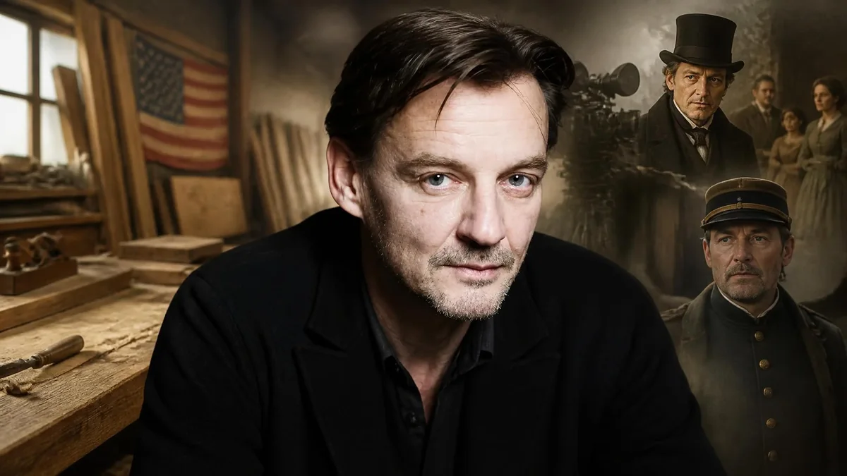 Portrait de l'acteur Marc Barbé devant un atelier avec des images de ses rôles en arrière-plan