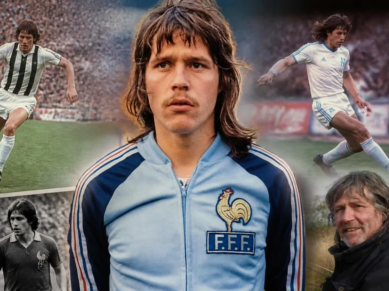 Montage photo retraçant la carrière de l'ancien attaquant Marc Berdoll avec ses différents clubs et l'équipe de France