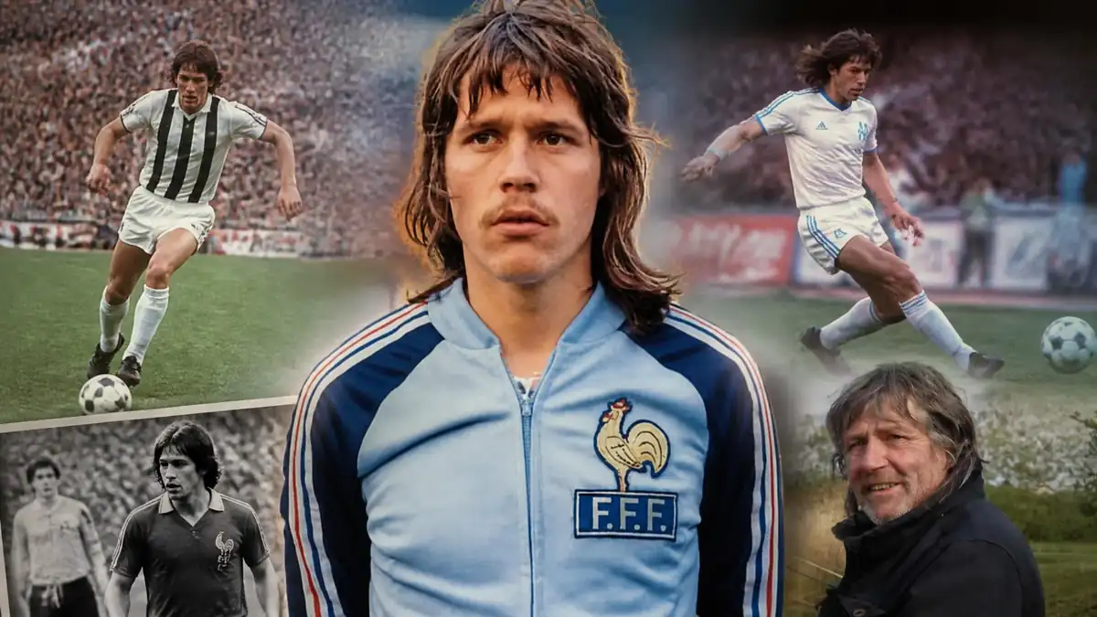 Montage photo retraçant la carrière de l'ancien attaquant Marc Berdoll avec ses différents clubs et l'équipe de France