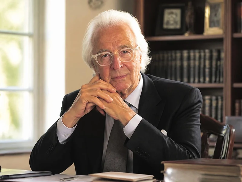 Portrait de l'avocat Marc Bonnant assis à son bureau devant une bibliothèque remplie de livres