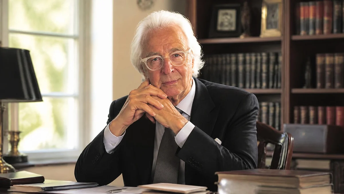 Portrait de l'avocat Marc Bonnant assis à son bureau devant une bibliothèque remplie de livres