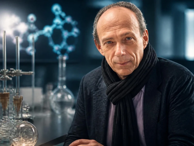 Le chercheur Marc Henry posant dans son laboratoire entouré de verrerie scientifique