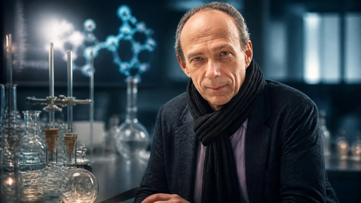 Le chercheur Marc Henry posant dans son laboratoire entouré de verrerie scientifique