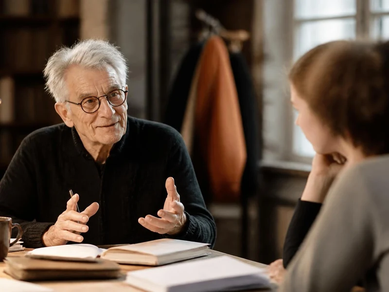 Marcel Bozonnet discute avec une personne lors d'un entretien dans un bureau lumineux