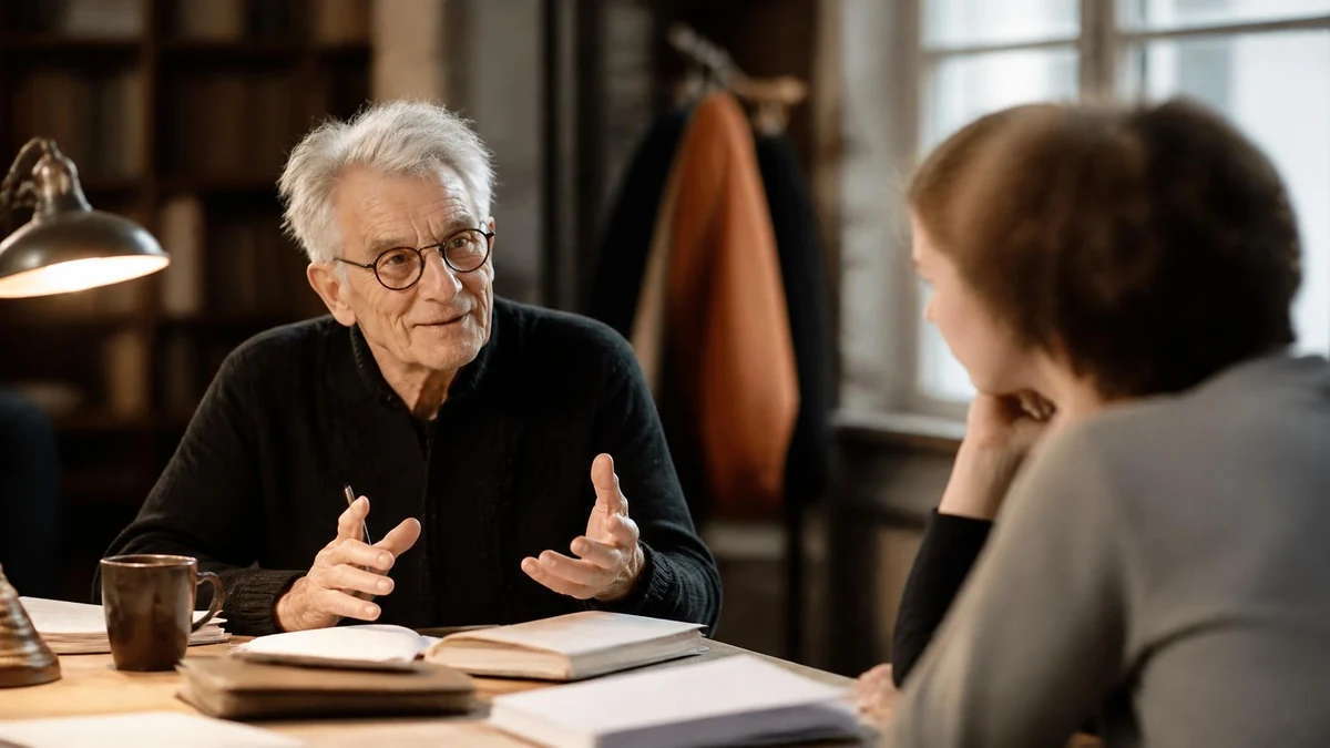 Marcel Bozonnet discute avec une personne lors d'un entretien dans un bureau lumineux