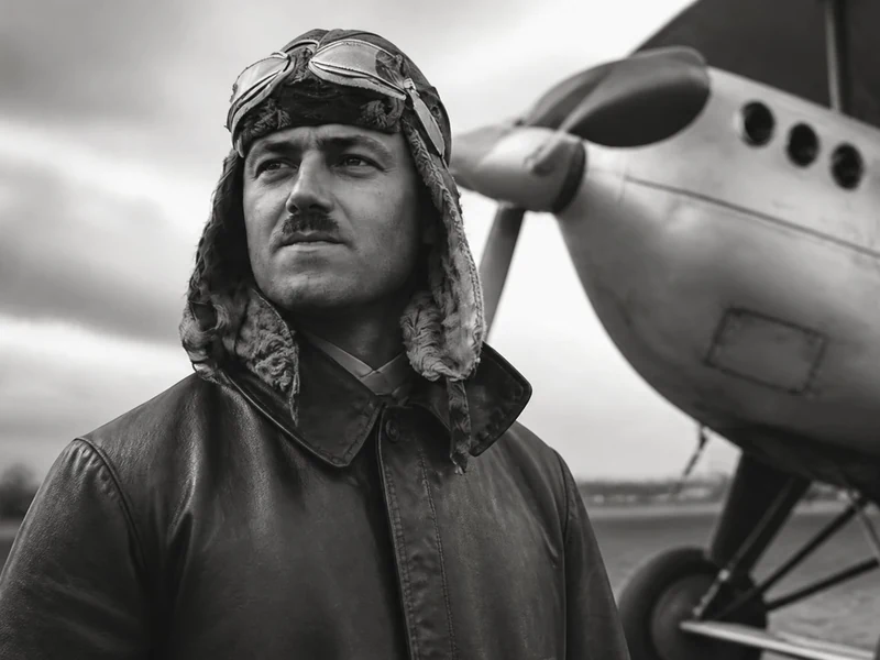 Portrait en noir et blanc de l'aviateur Marcel Doret portant une tenue de vol devant son avion ancien