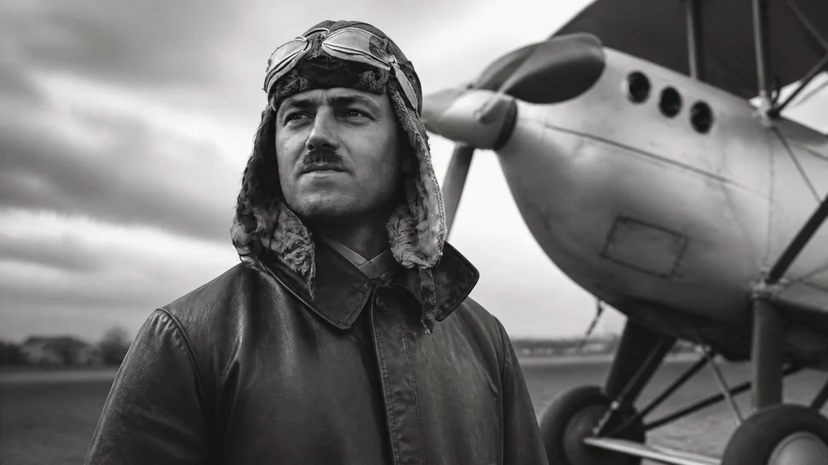 Portrait en noir et blanc de l'aviateur Marcel Doret portant une tenue de vol devant son avion ancien
