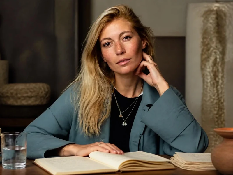 Portrait de la philosophe Margaux Cassan posant devant des livres et une bougie dans un intérieur sobre et élégant