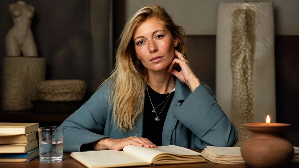 Portrait de la philosophe Margaux Cassan posant devant des livres et une bougie dans un intérieur sobre et élégant