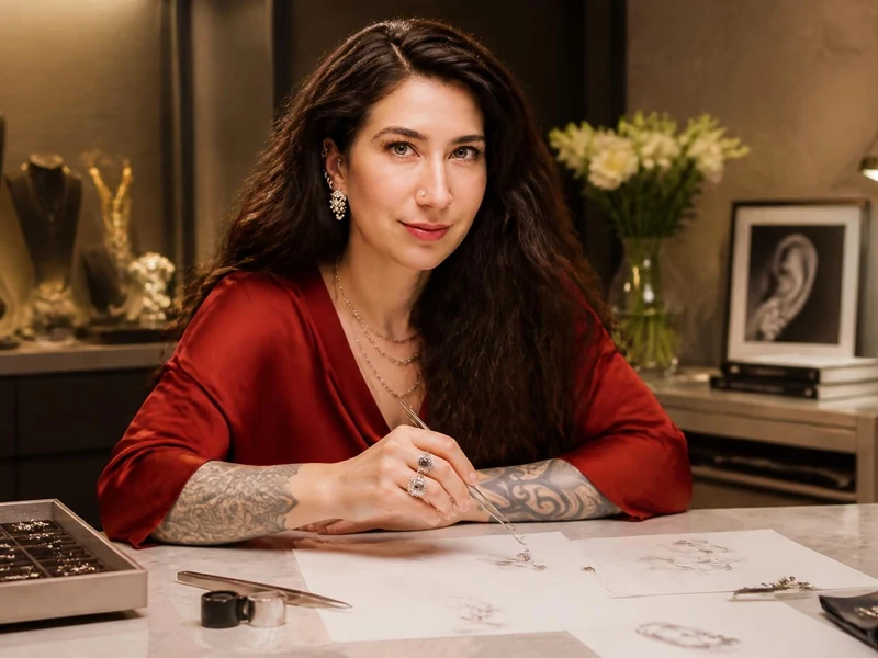 La créatrice Maria Tash travaille sur ses esquisses de bijoux dans son atelier de joaillerie raffinée