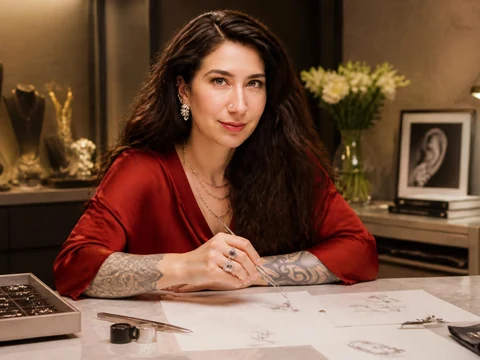 La créatrice Maria Tash travaille sur ses esquisses de bijoux dans son atelier de joaillerie raffinée