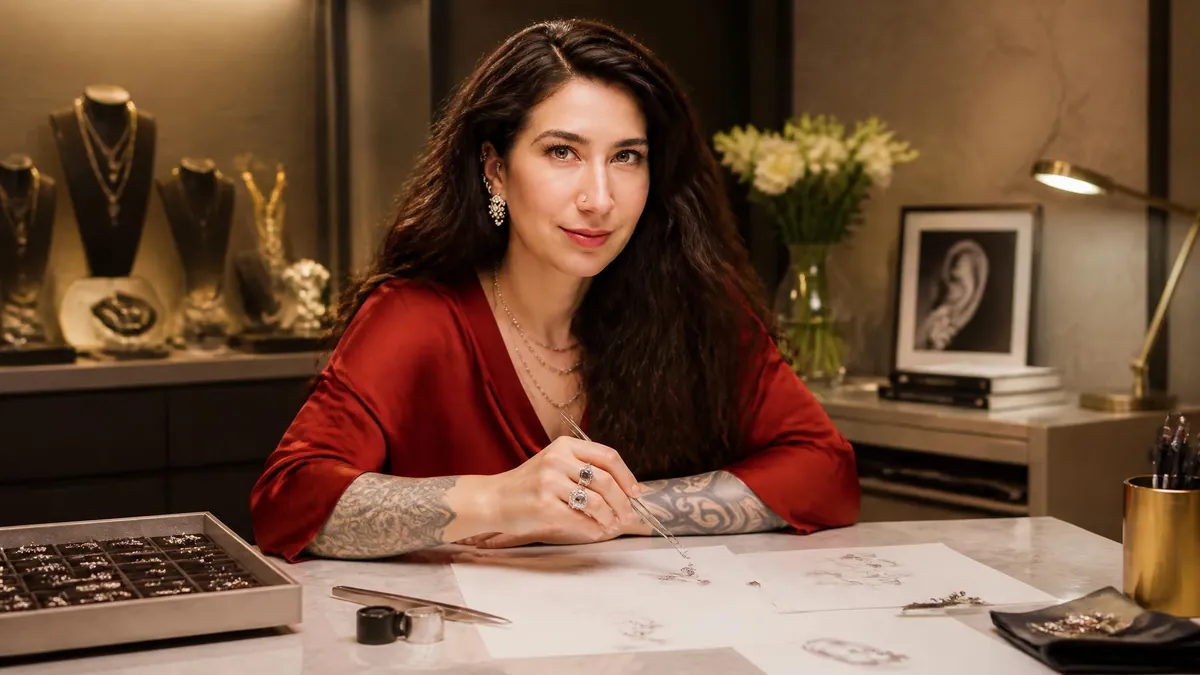 La créatrice Maria Tash travaille sur ses esquisses de bijoux dans son atelier de joaillerie raffinée