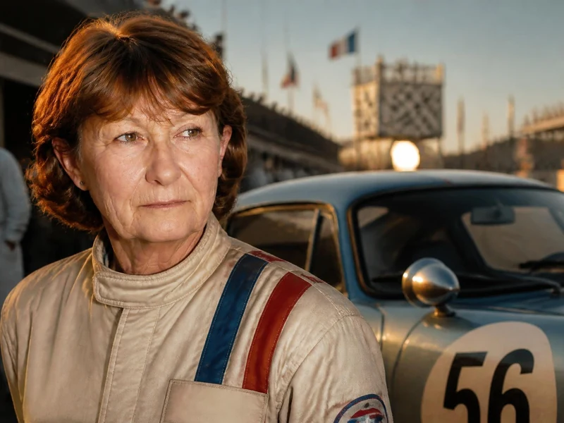 Marianne Hoepfner pose en tenue de pilote devant une voiture de course sur le circuit