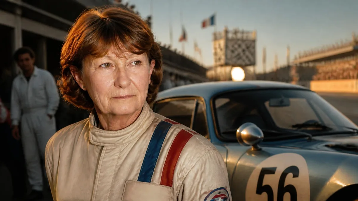 Marianne Hoepfner pose en tenue de pilote devant une voiture de course sur le circuit