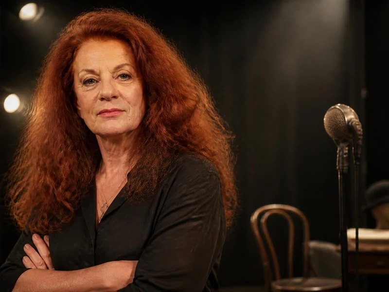 Portrait de l'humoriste Marianne Sergent, posant avec assurance sur une scène de théâtre sombre avec un micro ancien